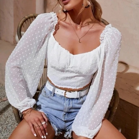 White Swiss Dot Sheer Sleeve Crop Blouse Top - Picture 7 of 11
